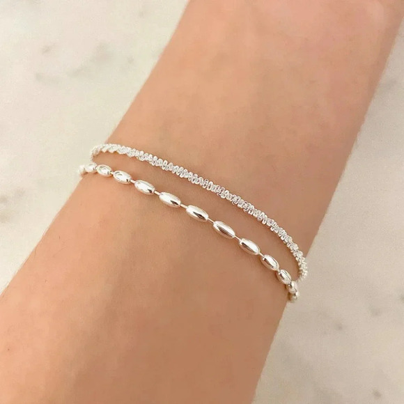 Sterling Silver Double Chain Layer Bracelet Shiny Sequin Dainty Chain Bracelet - Picture 2 of 3